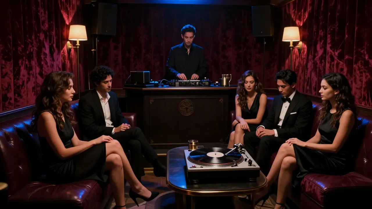 A secretive members-only club with velvet walls, vintage vinyl, and patrons in formal attire seated in dim amber lighting.