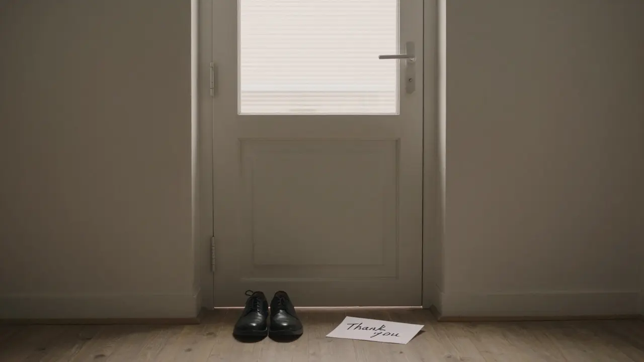 A slightly open door in a Berlin loft with shoes and a handwritten note on the floor, morning light streaming in.