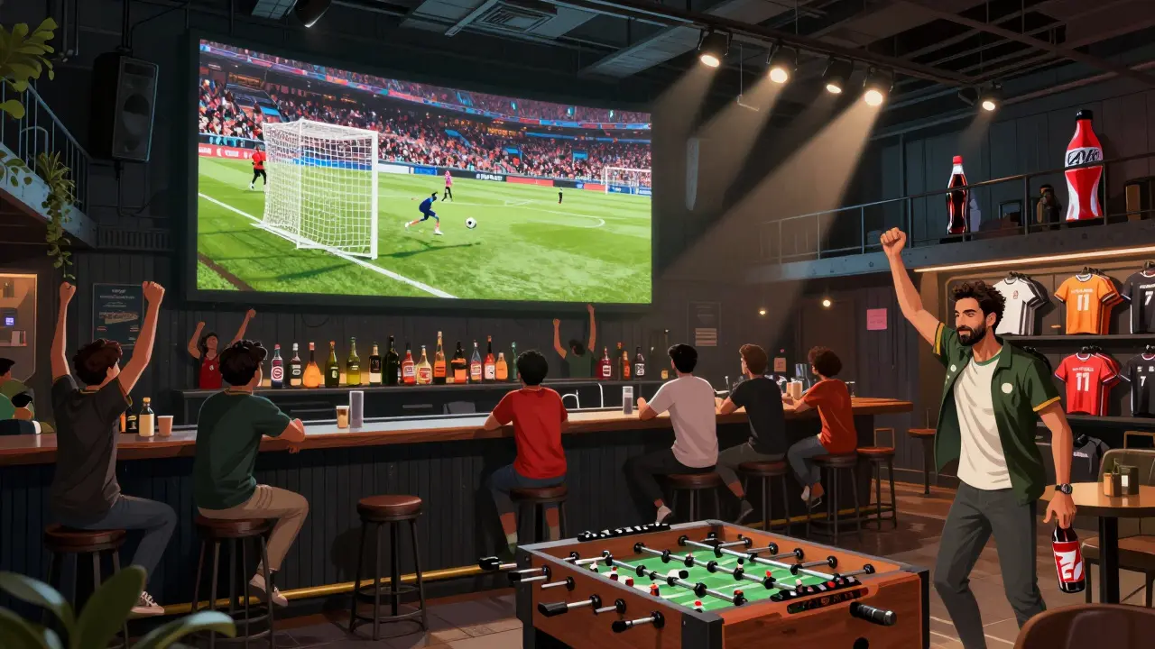 A sports bar in Dubai designed like a stadium, fans cheering as a goal is scored on a curved screen.