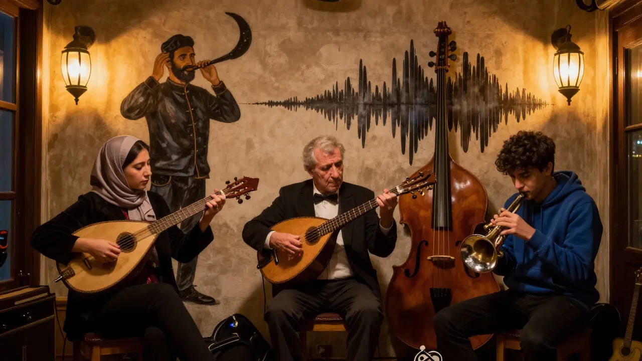 A Turkish jazz trio plays as diverse patrons sway together under warm lamplight, blending Eastern and Western music.