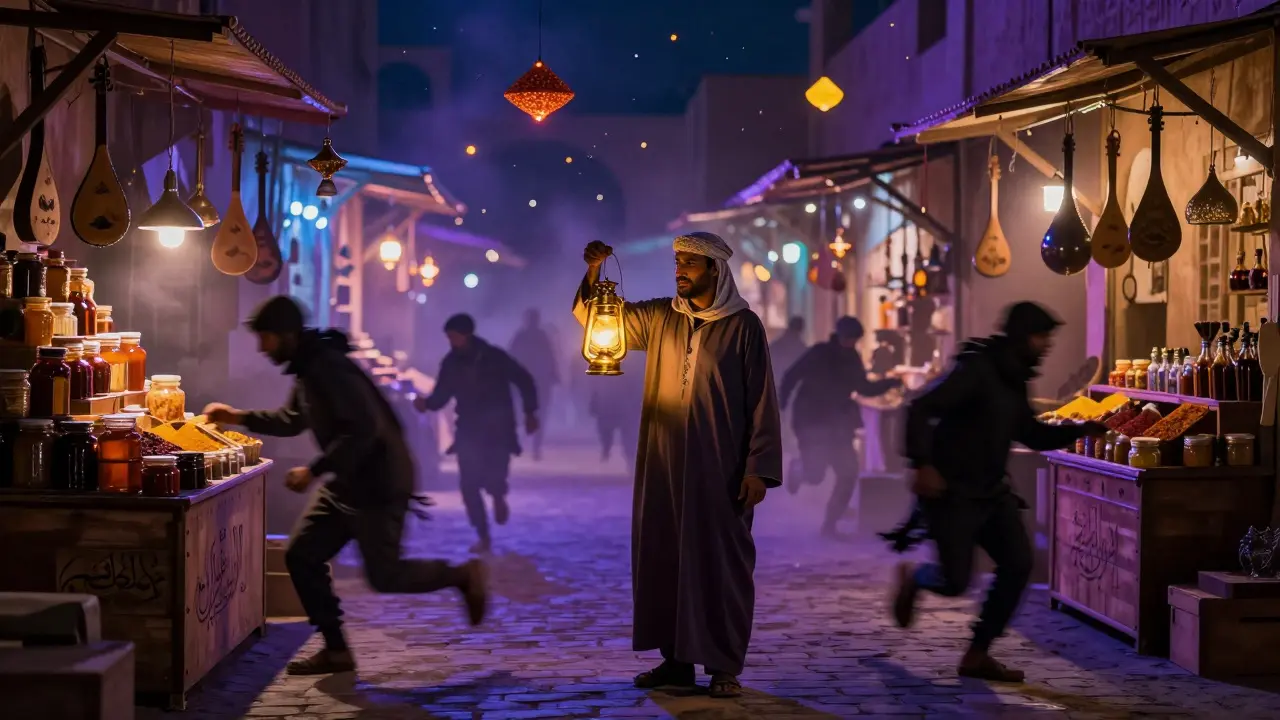 A vendor with a golden lantern at a midnight market, glowing spices and shadowy shoppers around.