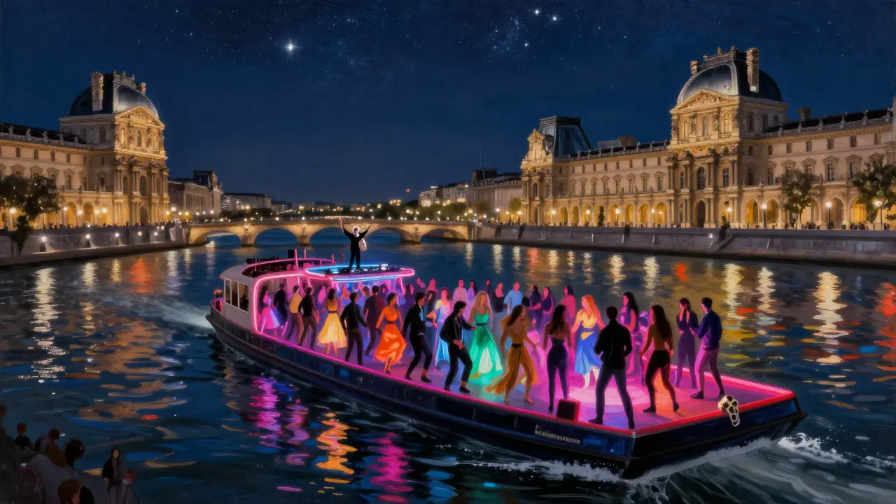 A vibrant floating nightclub on the Seine with LED lights and dancing guests, passing iconic Paris landmarks under the stars.