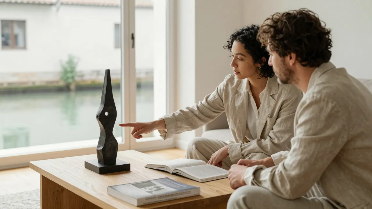 A well-dressed companion discussing art with a client in a sunlit Milan apartment, books and sculpture visible in the background.