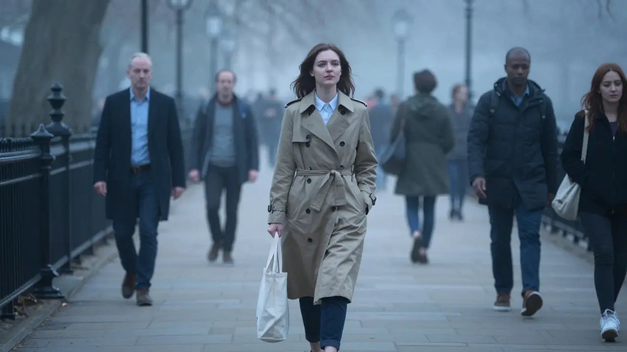 A woman walking alone through a misty London park at dawn, conveying quiet strength and independence.