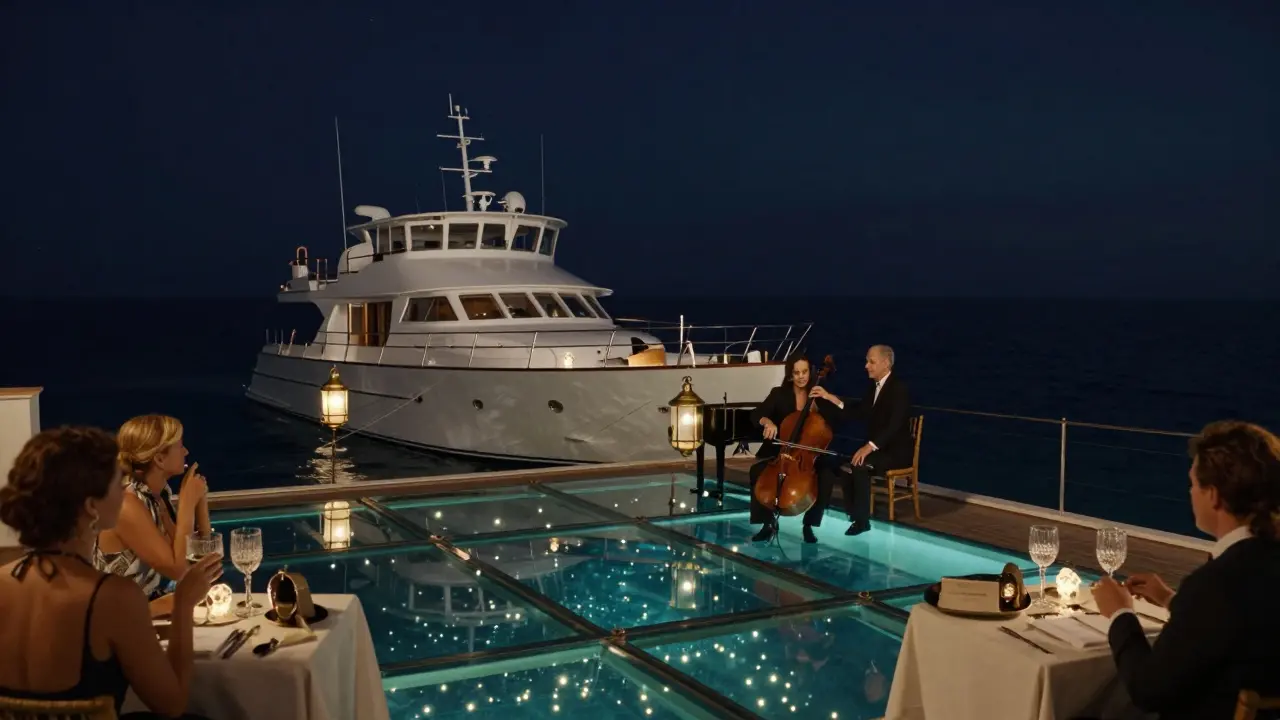 A yacht with glass floor at sea, live jazz musicians playing under lanterns, stars above the water.