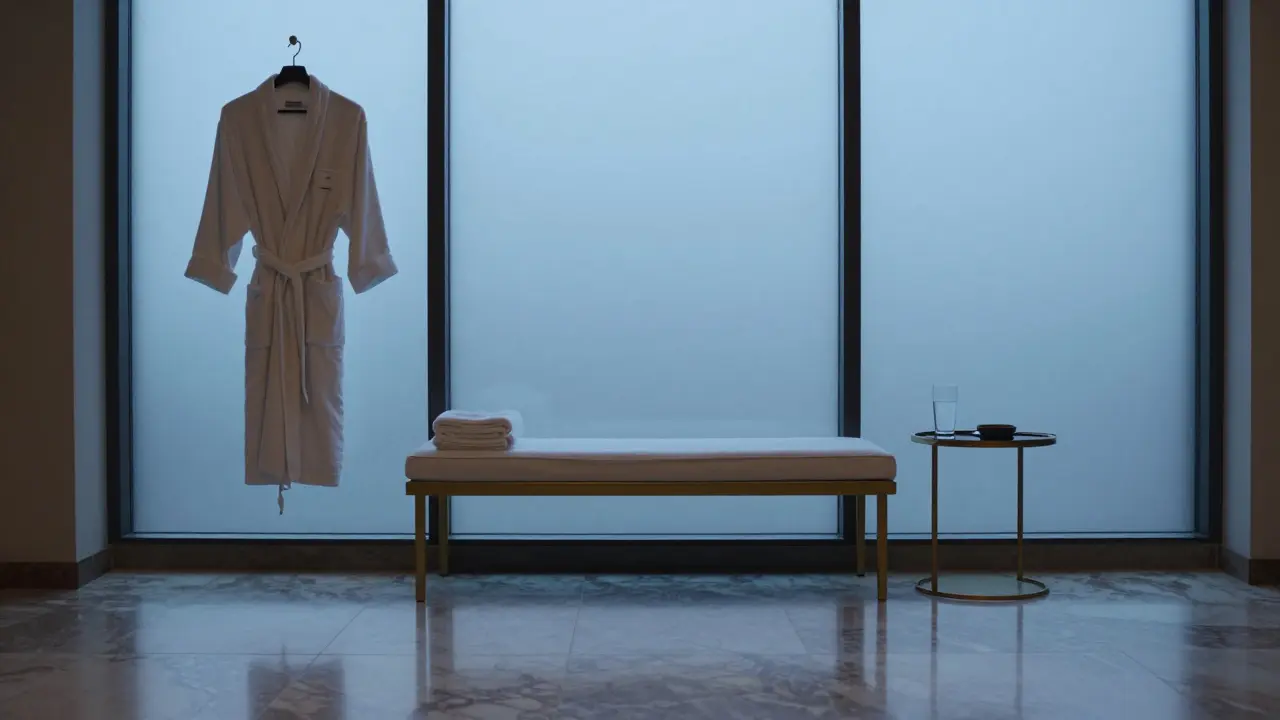 An empty spa lounge at dawn, with a robe and towel left behind, suggesting a discreet departure.