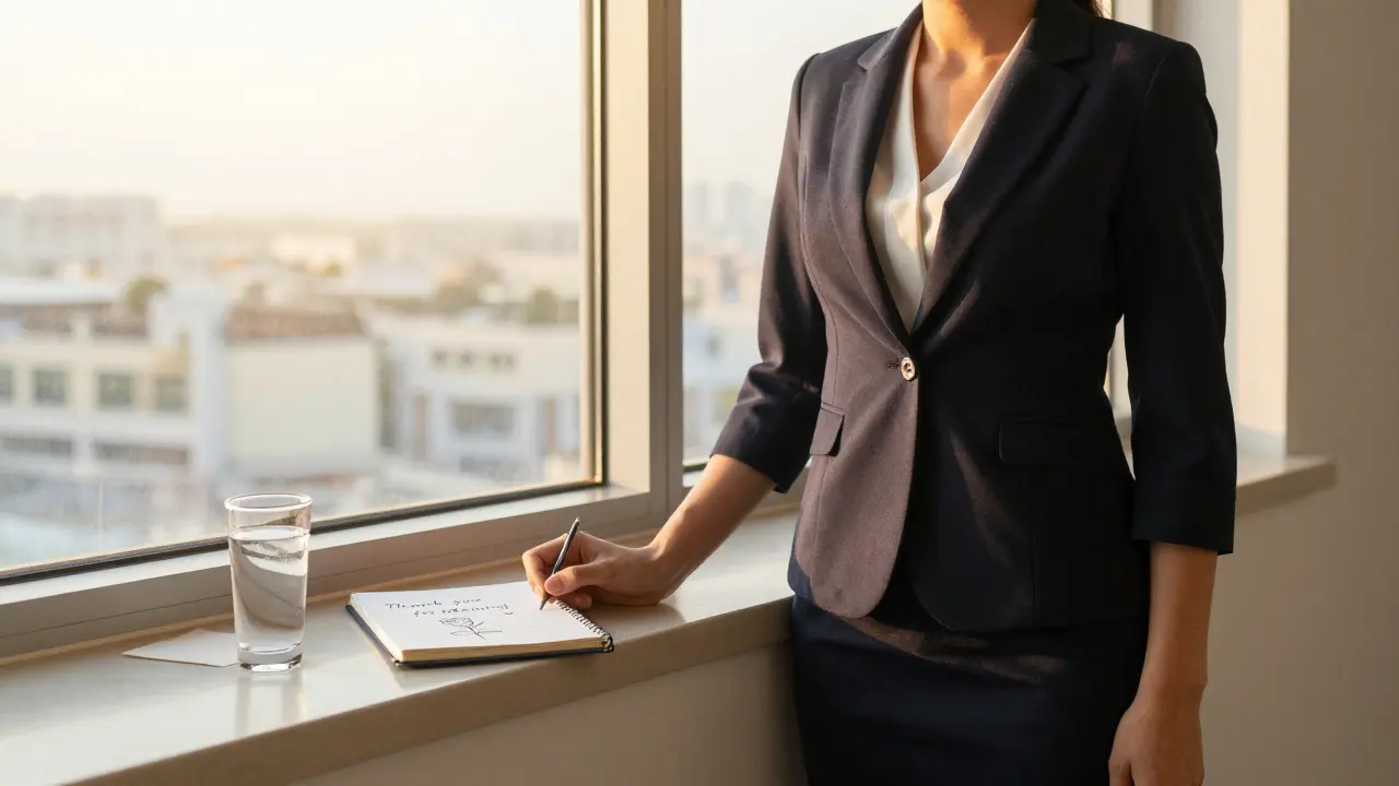 An escort pauses by a window, surrounded by small personal tokens left by a thoughtful client.