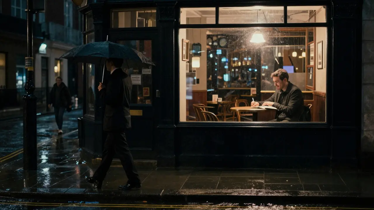 An escort walks alone under an umbrella at night, her reflection showing a man writing in a journal in a bookstore window.