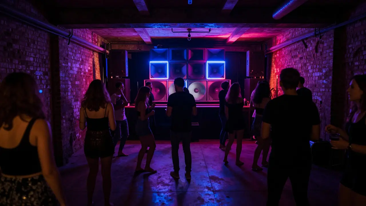 An underground club with exposed brick walls and a crowd dancing to pulsing techno music in low light.