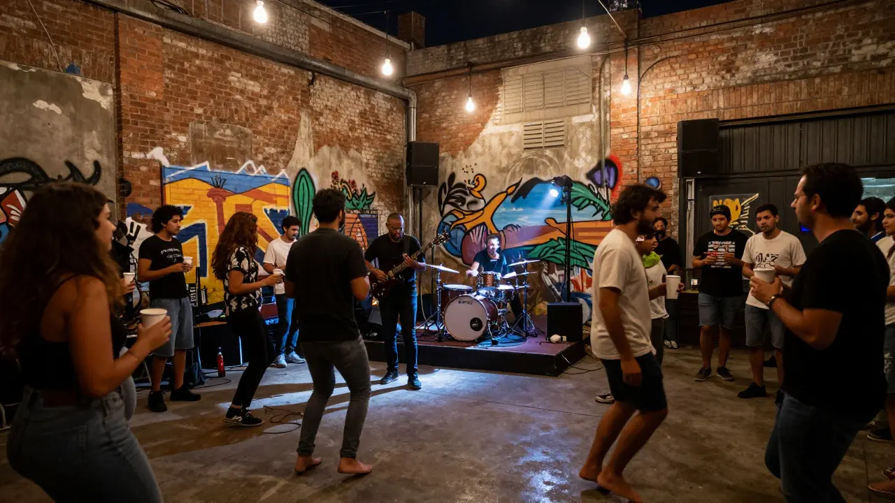 An underground warehouse gig with a rock band and barefoot crowd in a gritty, authentic Dubai arts district.
