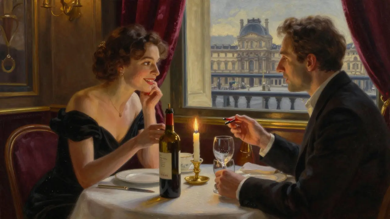Candlelit dinner at a Paris bistro, woman translating French to a man as the Louvre glows in the window.