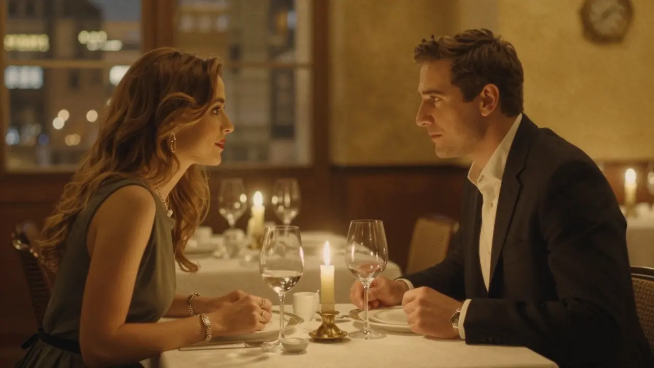 Couple enjoying dinner date in Milan restaurant.