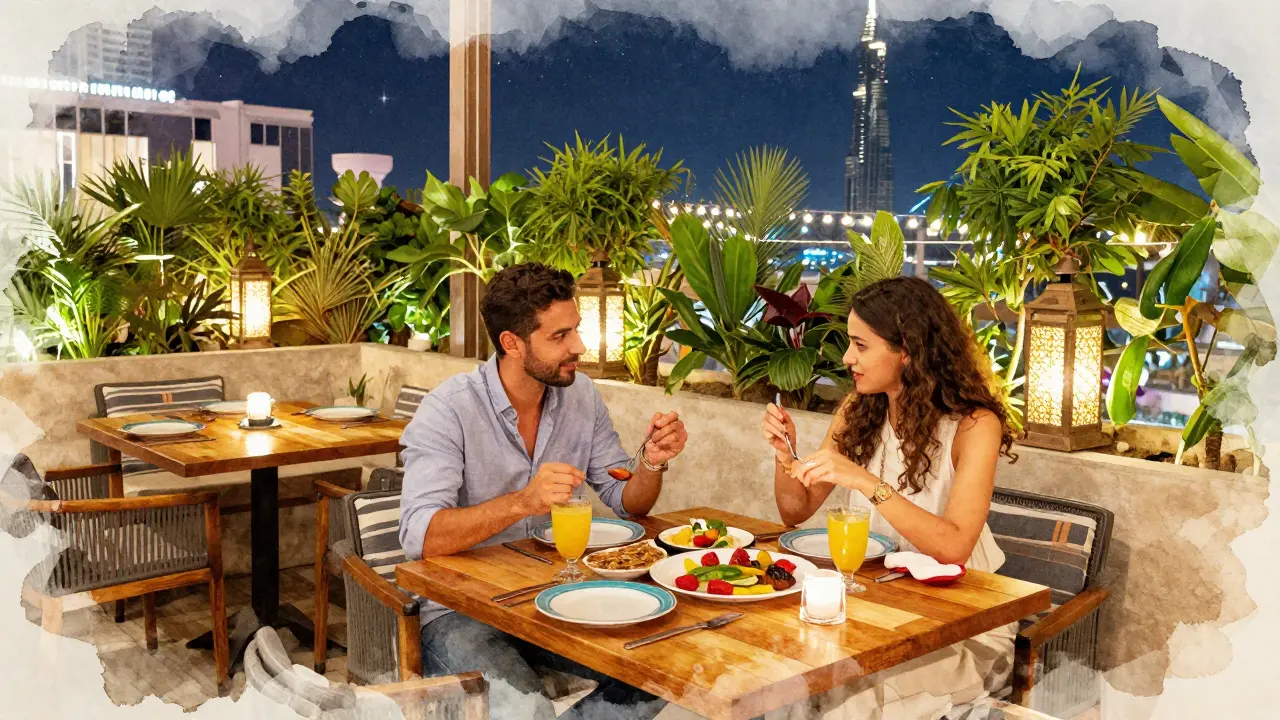 Couple enjoying Lebanese cuisine on a rooftop with string lights and greenery.