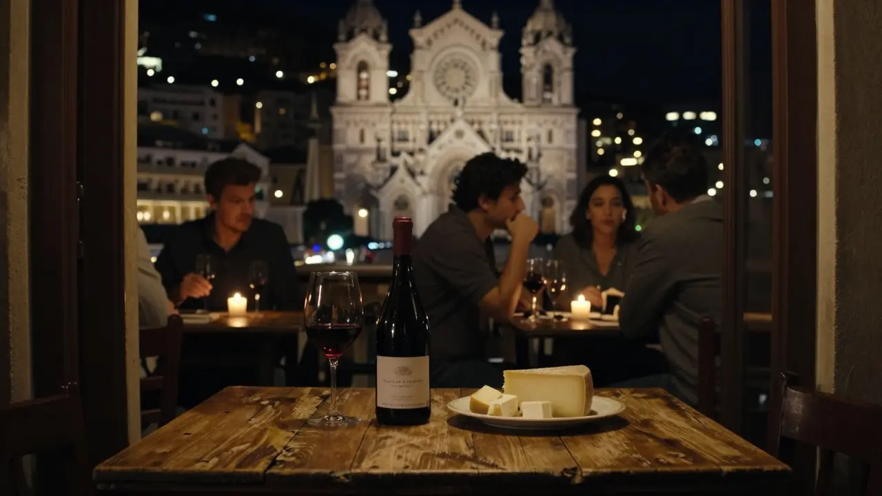 Cozy hidden wine bar with candlelight, wine bottle, and quiet locals sharing conversation at night.