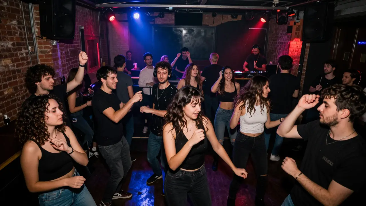 Crowd dancing in a dark underground club with strobe lights and exposed brick walls.