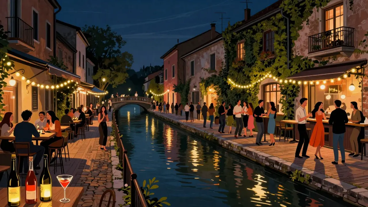 Crowd dancing outside bars along Navigli’s lit canals, with string lights and reclaimed wood dance floor.