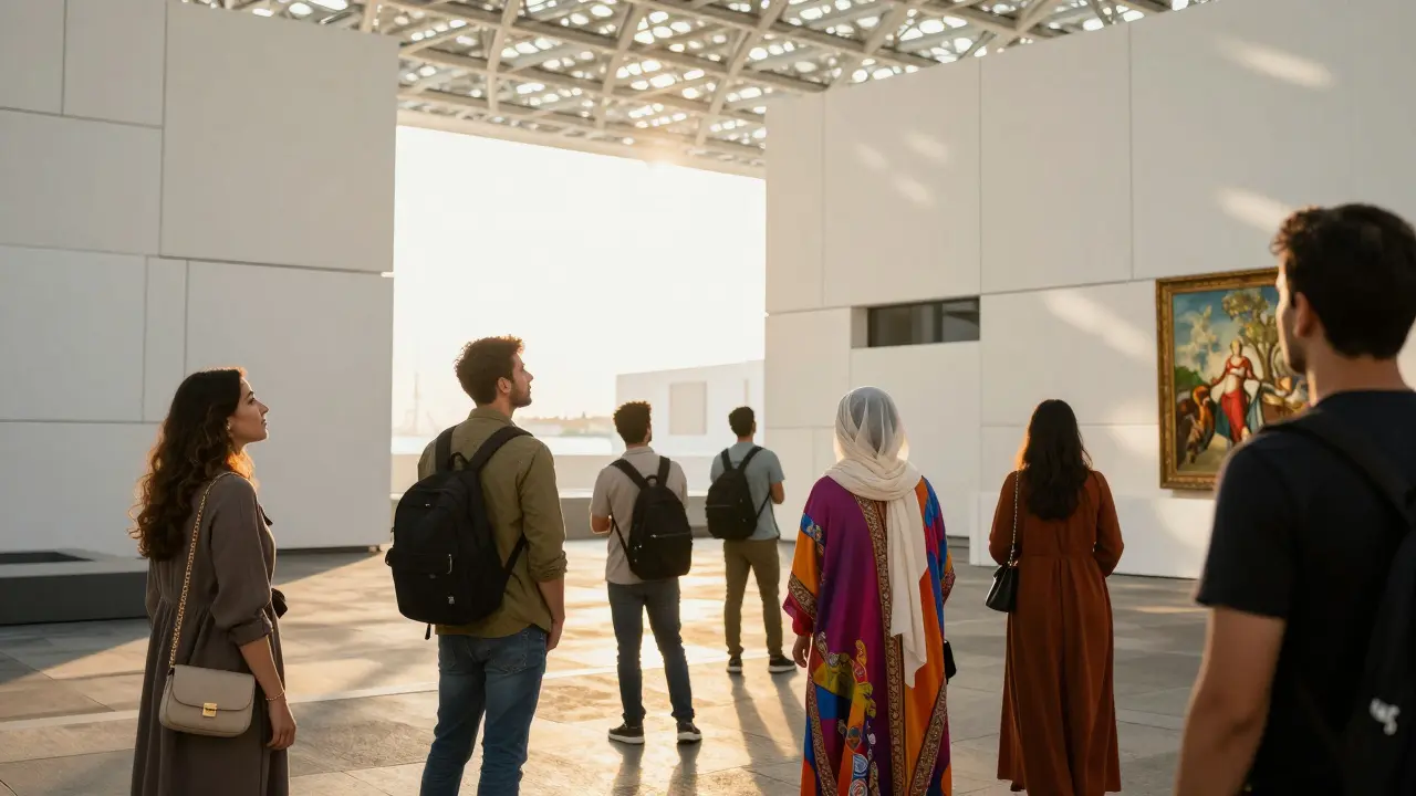 Crowd enjoying art exhibition at Louvre Abu Dhabi with natural light.