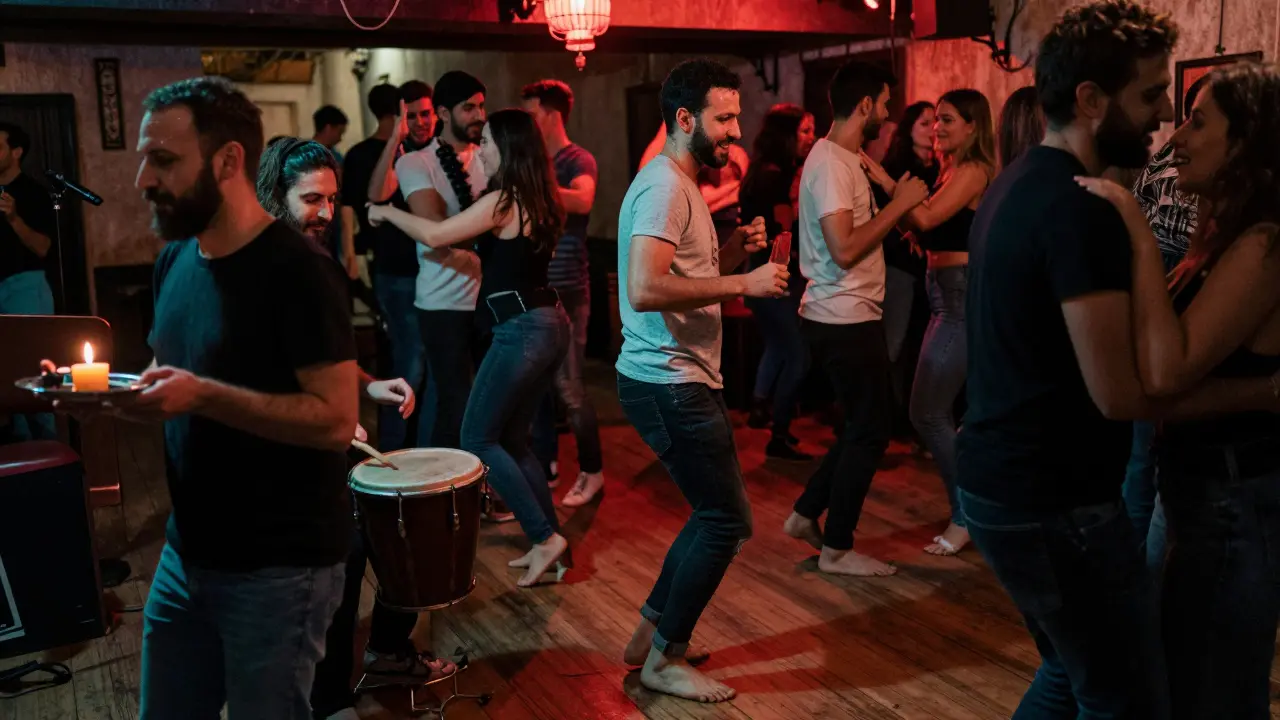 Dancers in a dim basement club move to rhythm made on a tea tray, candlelight casting warm shadows on smiling faces.