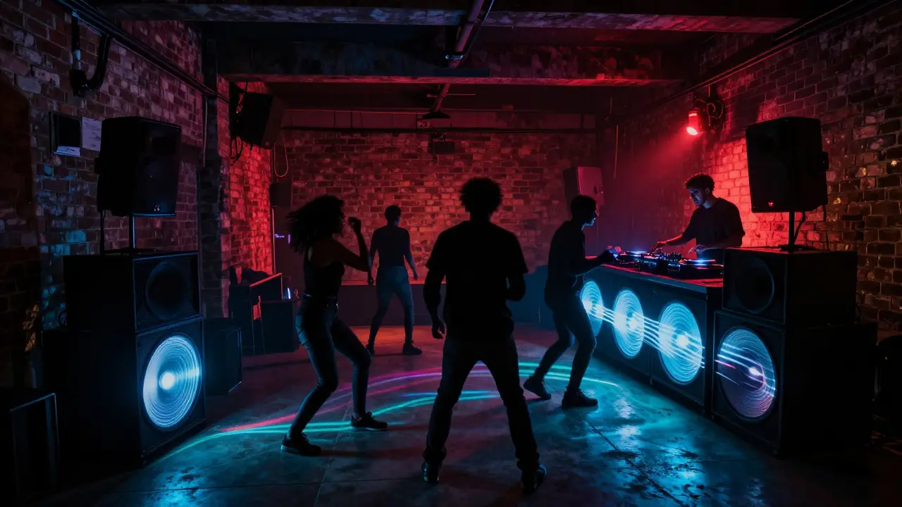 Dancers in a gritty industrial club with pulsing neon lights and booming sound system, no VIP tables.
