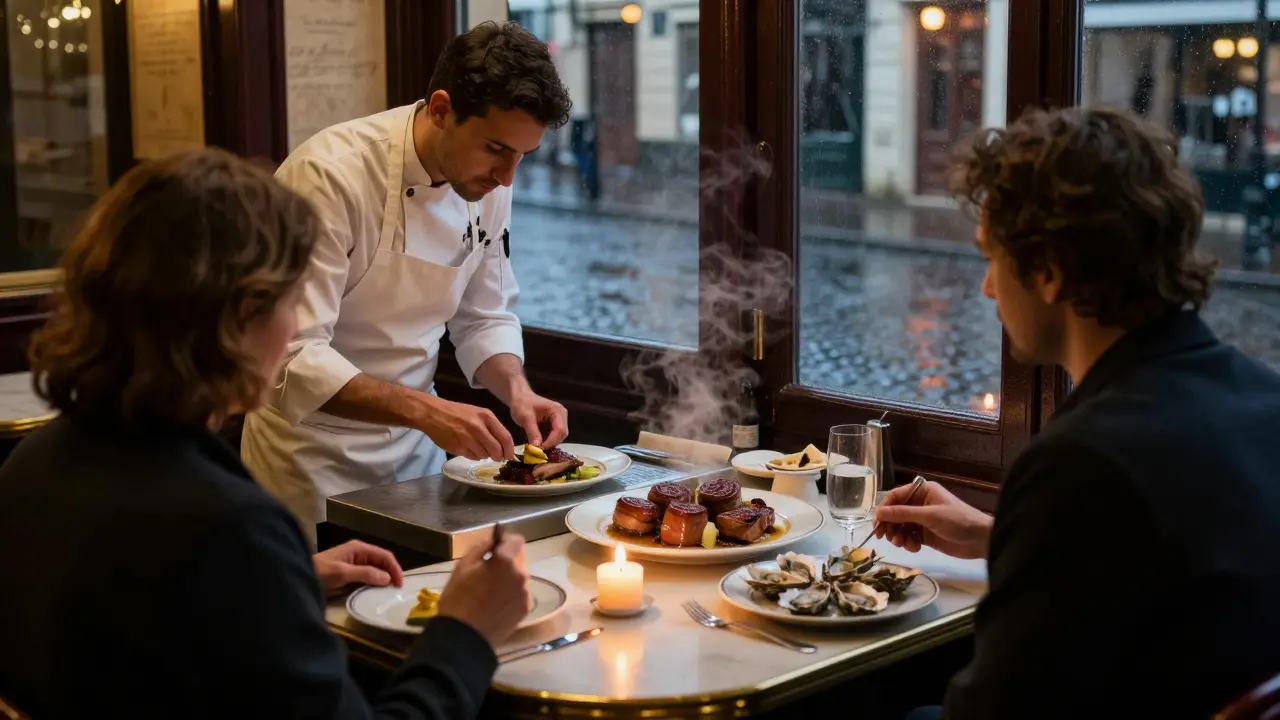 Diners enjoying duck rillettes at a late-night Paris bistro with candlelight.