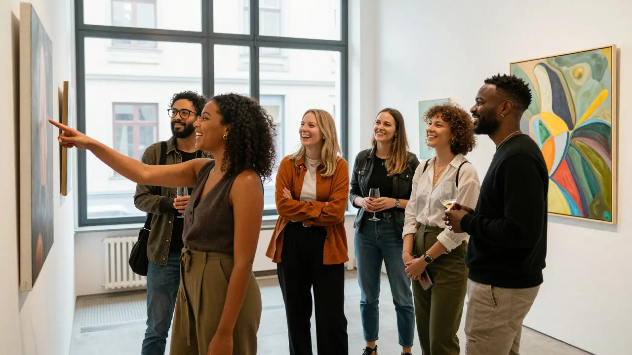 Diverse companions and clients engaging with art in a Berlin gallery, laughing and discussing paintings.