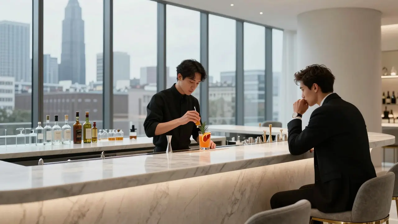 Elegant minimalist bar with a crafted cocktail and skyline view, exuding luxury and exclusivity.