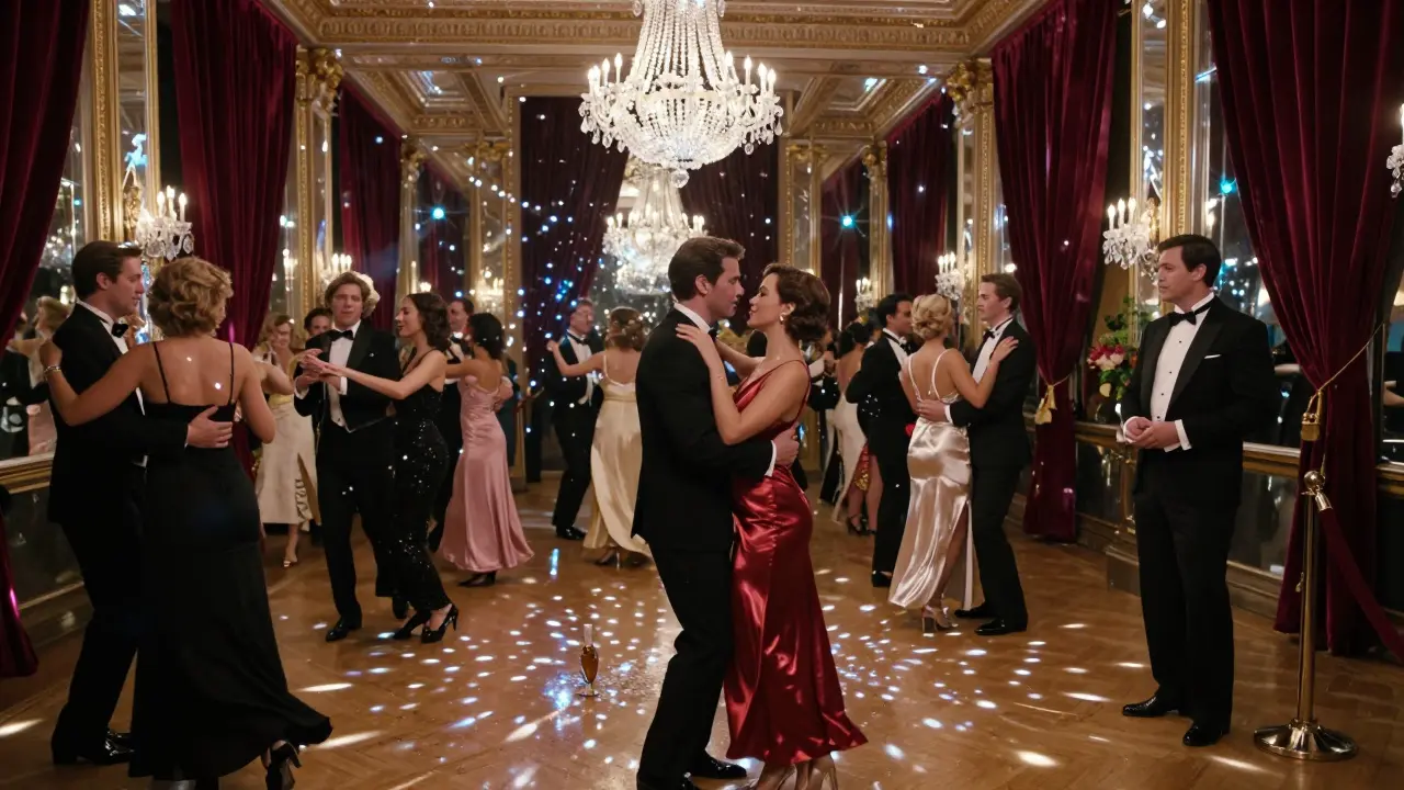 Elegantly dressed people dancing in a mirrored ballroom with velvet drapes and glowing disco lights.
