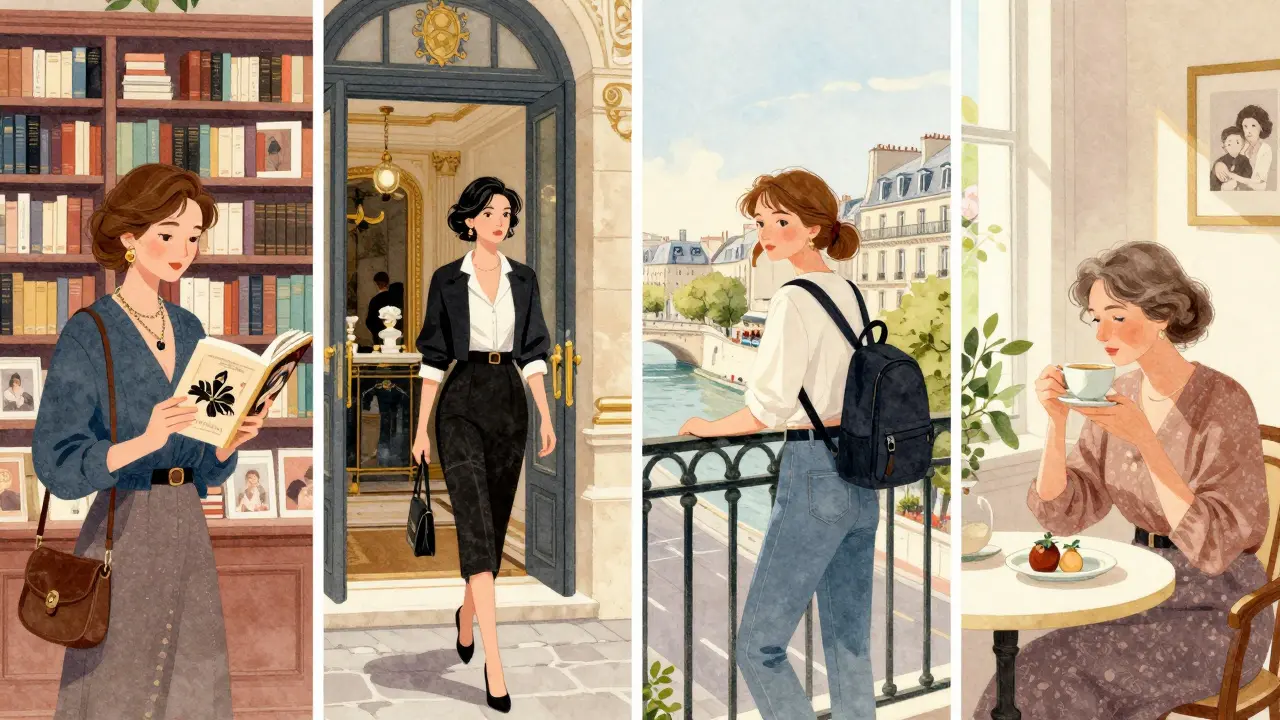 Four types of Parisian companions illustrated in a split-panel style against a watercolor Paris skyline.
