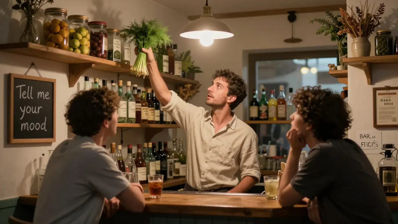 Hidden bar interior with bartender selecting herbs from shelves for a custom cocktail.