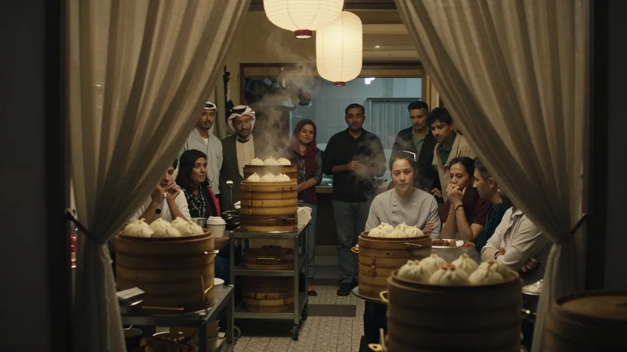 Hidden dim sum restaurant in Al Nahyan with steamer carts and diners in a cozy backroom.