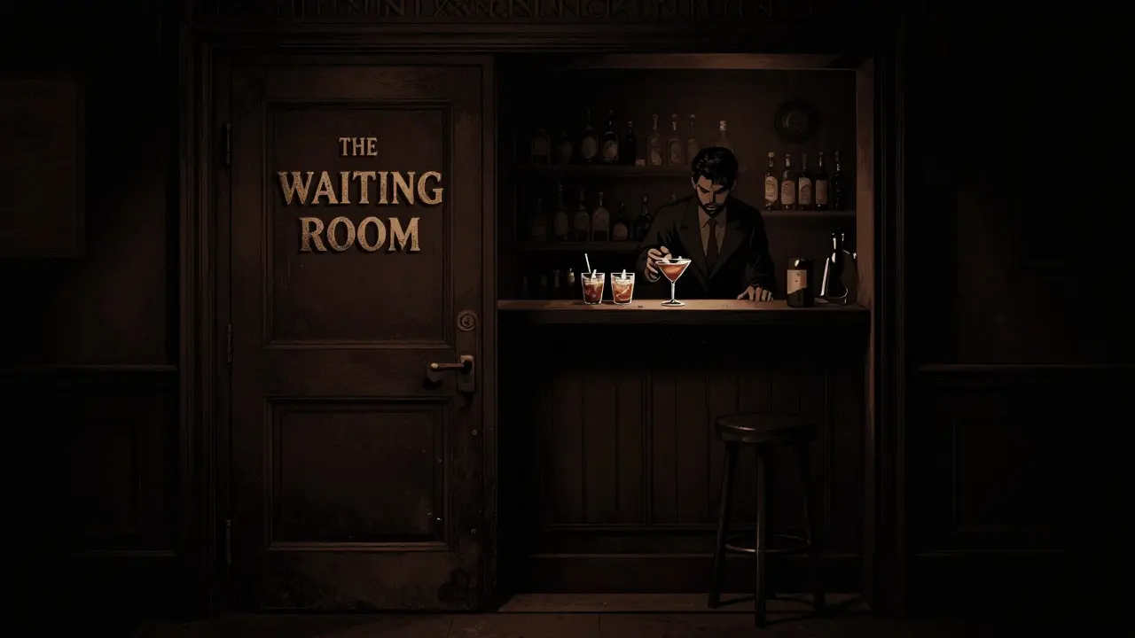 Hidden speakeasy entrance with bartender mixing cocktails in dimly lit room.