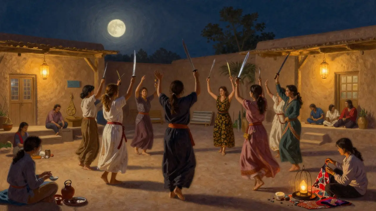 Locals and visitors dance together in a traditional Yowlah performance under lantern-lit heritage buildings at night.