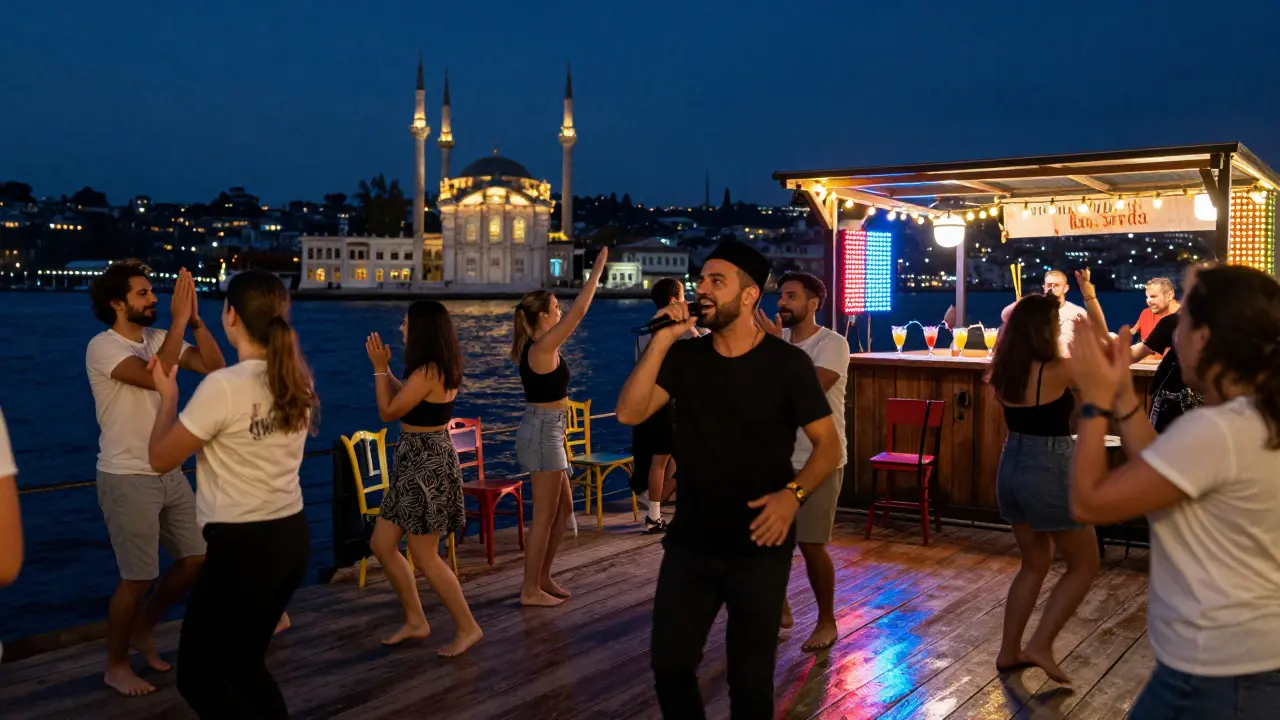 People dance on Ortaköy pier under mosque lights as a man in a fez sings a classic Turkish song at night.