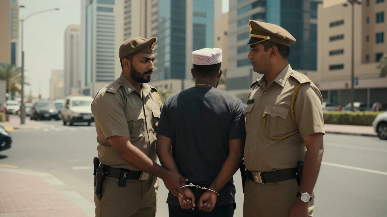 Police officers detaining foreign national in Abu Dhabi city street.
