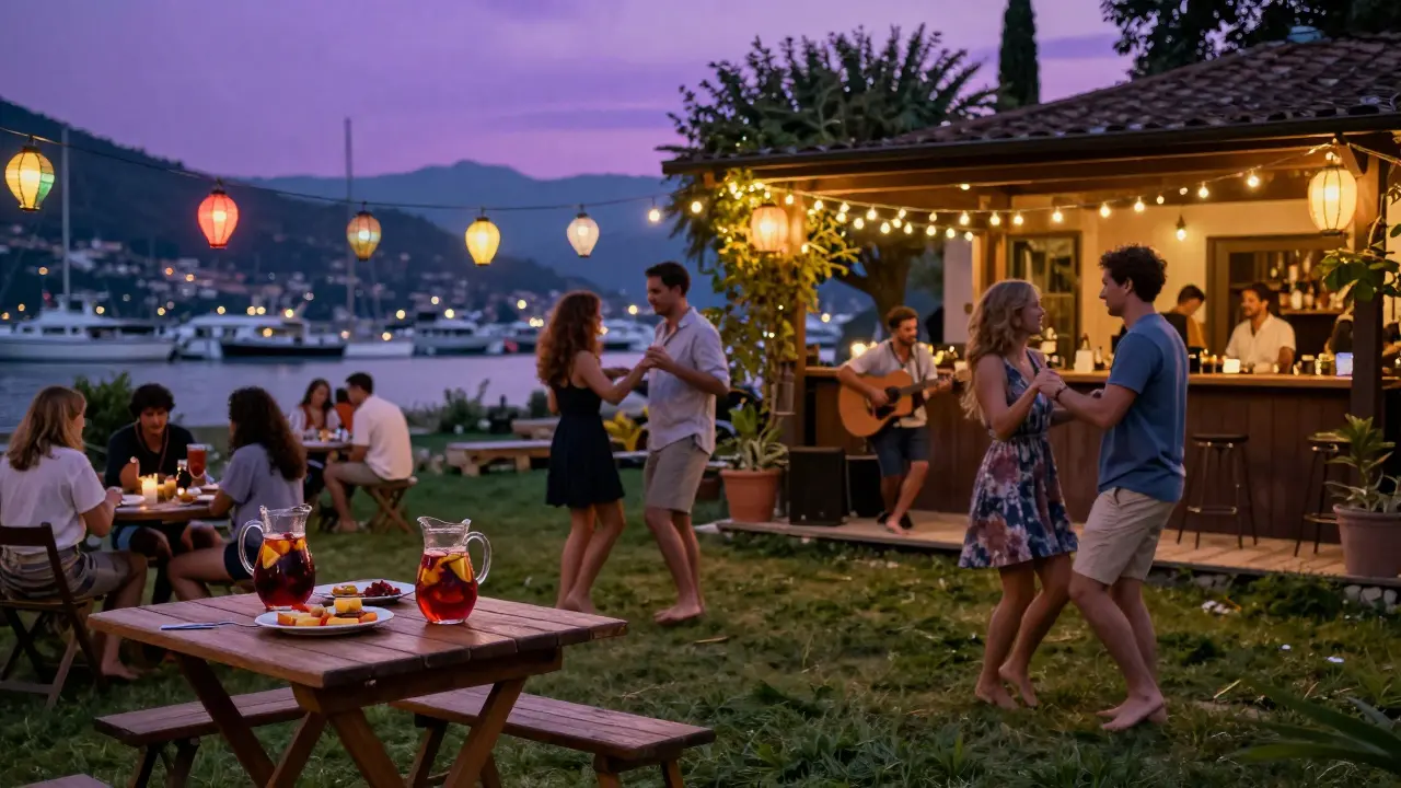 Relaxed garden bar at dusk with people dancing barefoot, lanterns, and yachts glowing in the harbor.