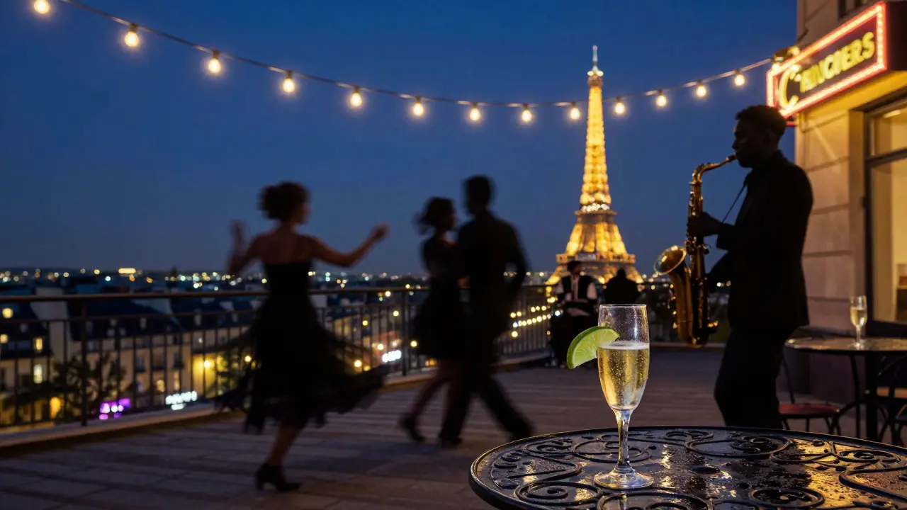 Silhouettes dancing on a Paris rooftop under fairy lights with the Eiffel Tower in the distance.