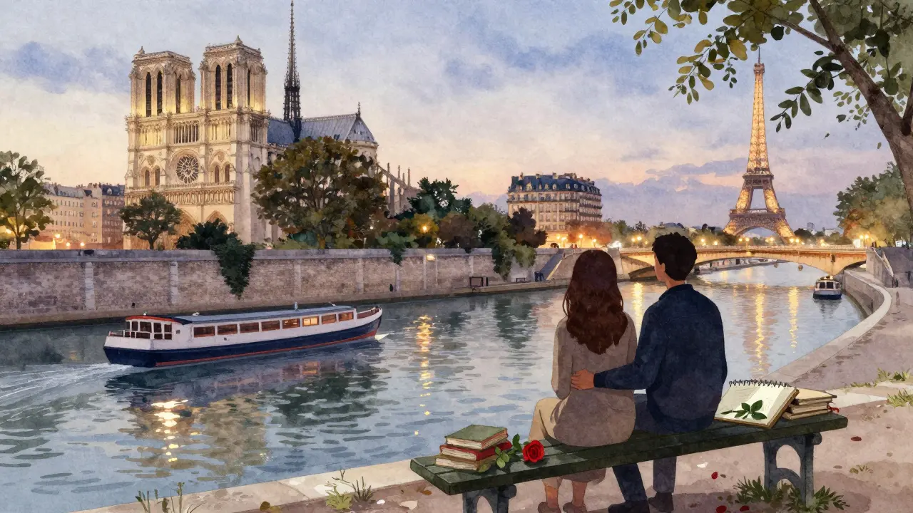 Silhouettes on a Seine riverbank at twilight, boat and city lights reflecting in water, books and rose nearby.