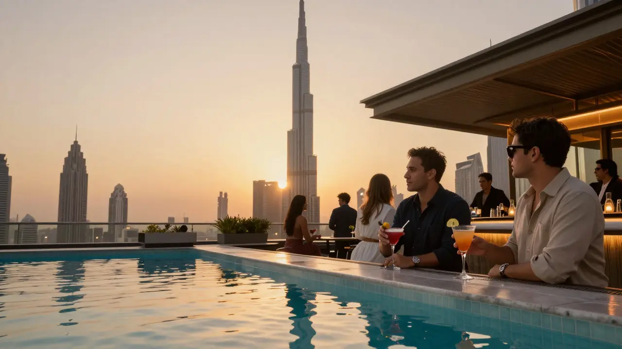 The Rooftop bar at Address Downtown with Burj Khalifa views and sunset cocktails.