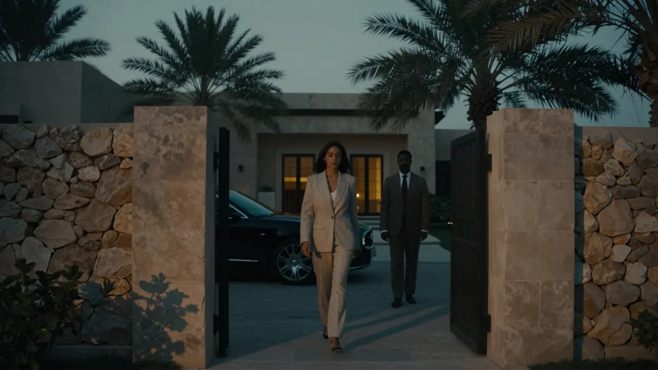 Two figures walk silently past a gated villa at dusk, their forms barely visible in the twilight.