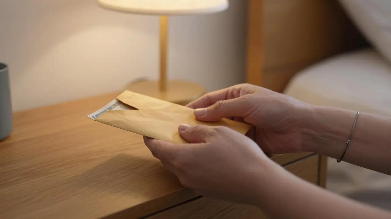 Two hands interact silently—one placing money, the other covering it with warmth and respect.