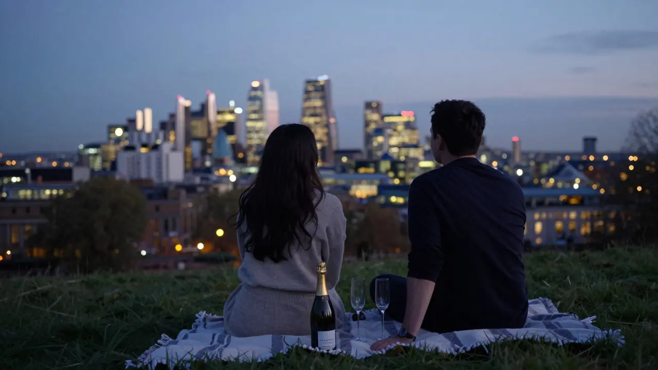 Two individuals watching the city lights from Primrose Hill at dusk, sharing a moment of calm.