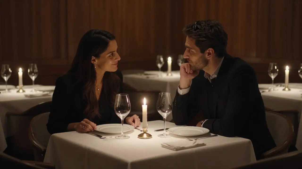 Two people enjoying a candlelit dinner in a refined Milan restaurant, sharing a quiet moment.