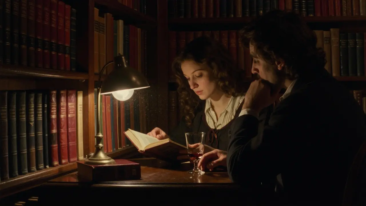Two people in a historic Milanese library, one reading aloud by lamplight, shelves of books fading into shadow.