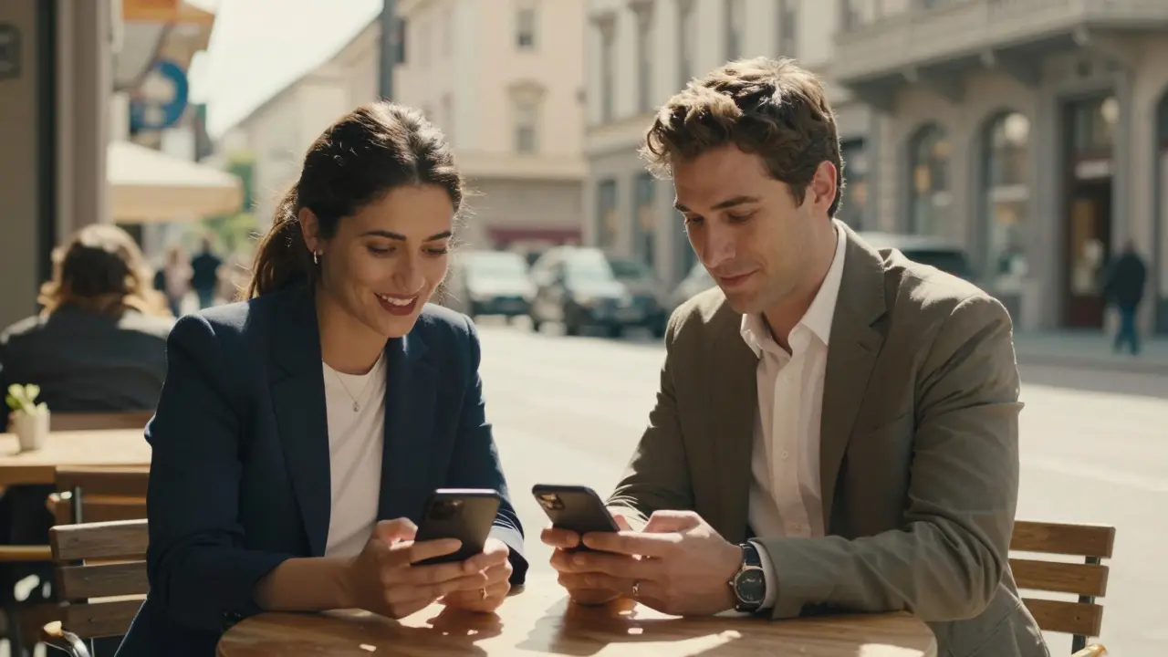 Two people meeting at outdoor café for safety verification.