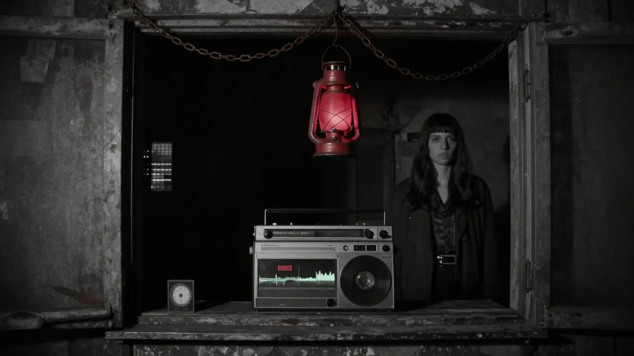 Two people stand in complete darkness at a secret underground gathering, illuminated only by a red lantern and the glow of an old tape player.