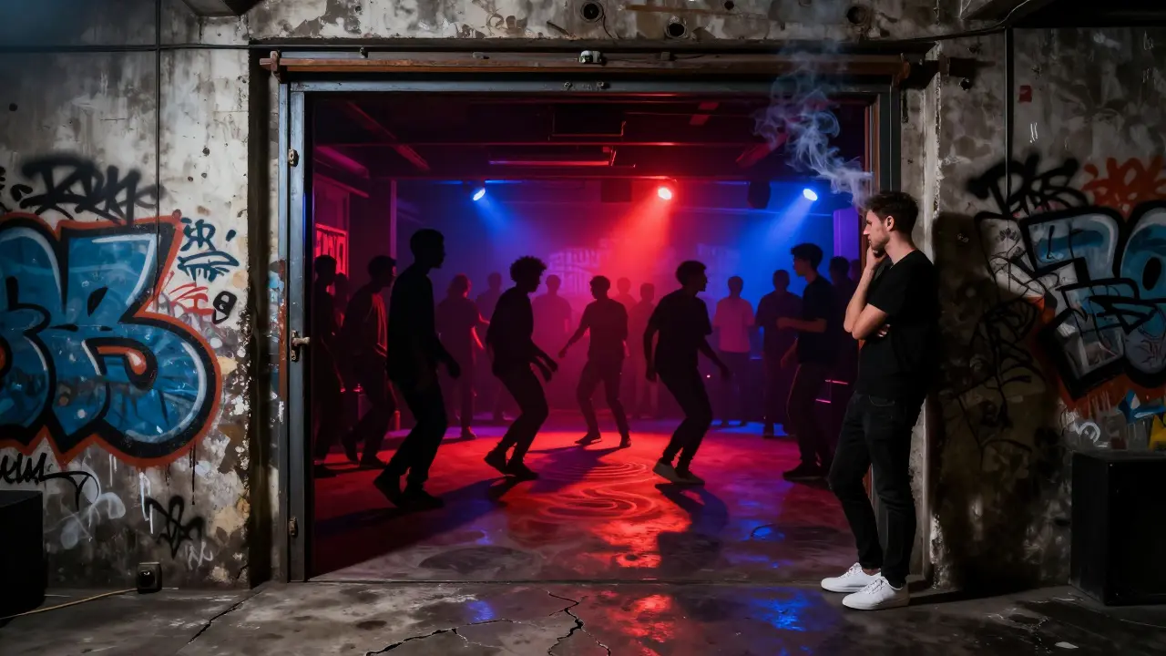 Underground club in Zona Tortona with pulsing lights and dancers emerging from a warehouse door.