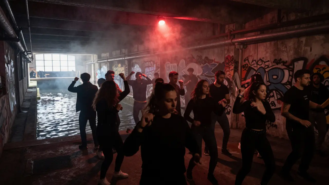 Underground techno club beneath a canal, crowd dancing under a red spotlight with raw energy.
