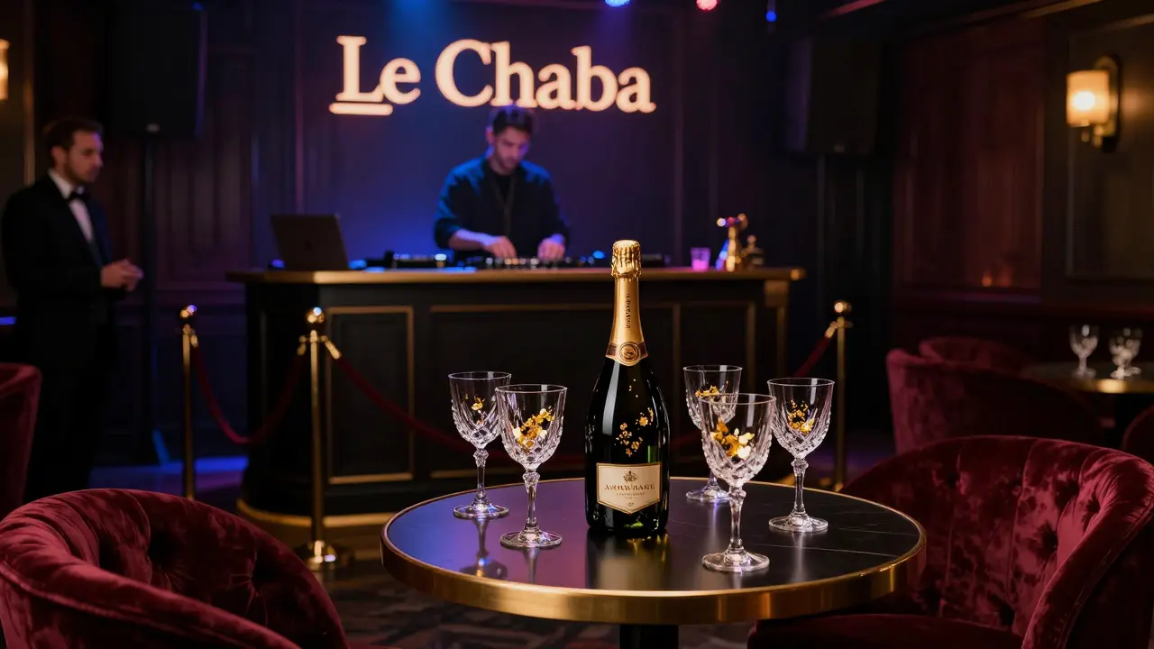 VIP lounge at Le Chaba with gold-flake cocktail and DJ under LED lights.