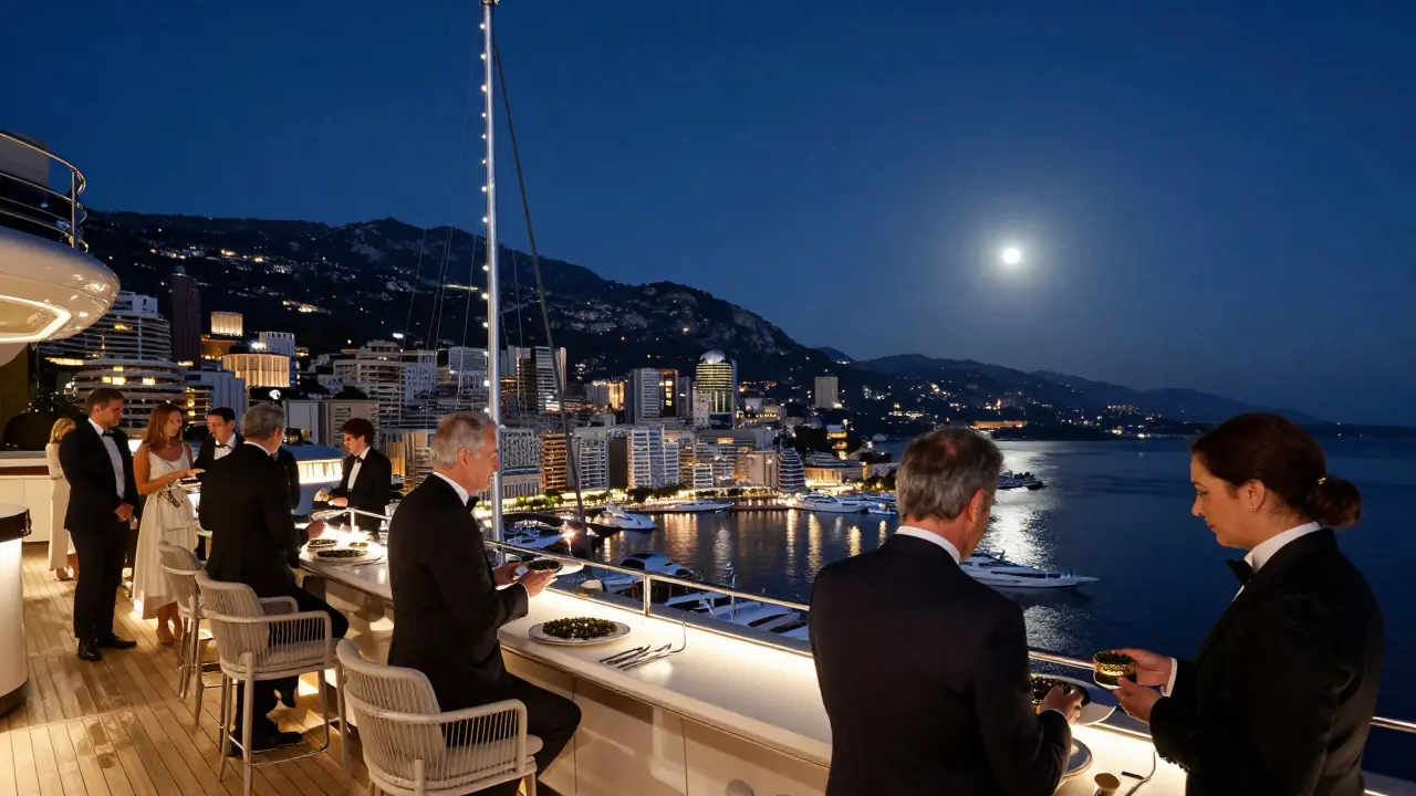 Yacht Club de Monaco rooftop party with caviar service and harbor views at night.