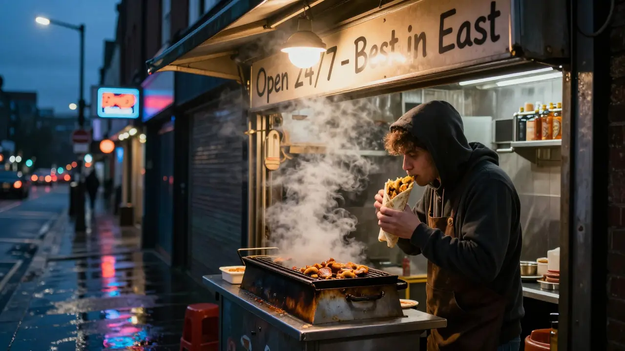 A 4 a.m. kebab shop in Hackney, a customer eating a warm wrap under a glowing sign, steam rising from the grill, wet streets and distant city lights.